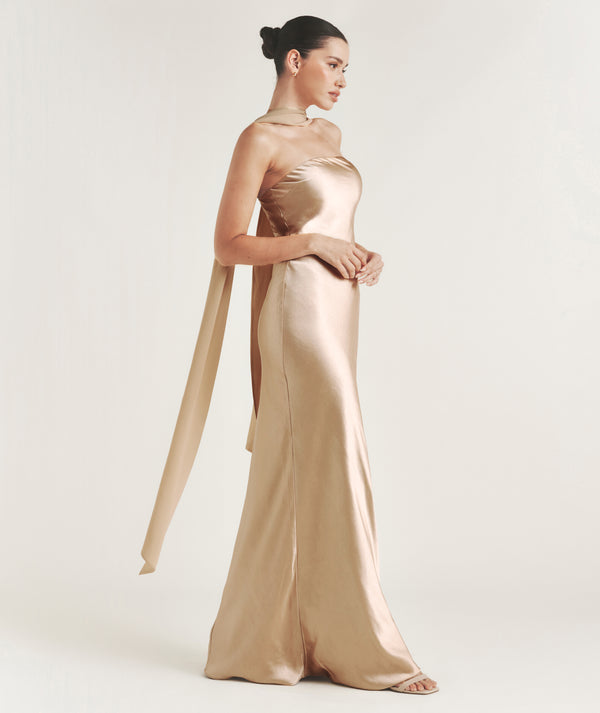Bandeau Satin Bridesmaid Dress with Chiffon Neck Scarf - Champagne