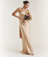 Bandeau Satin Bridesmaid Dress with Chiffon Neck Scarf - Champagne