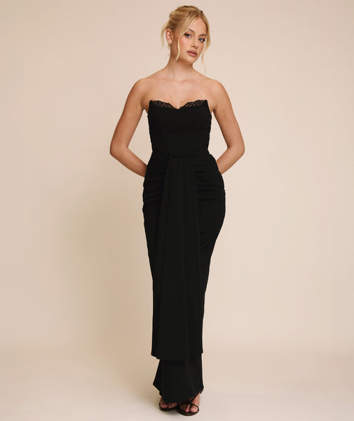 Lace Boned Bandeau Midi Dress - Black | Black Tie