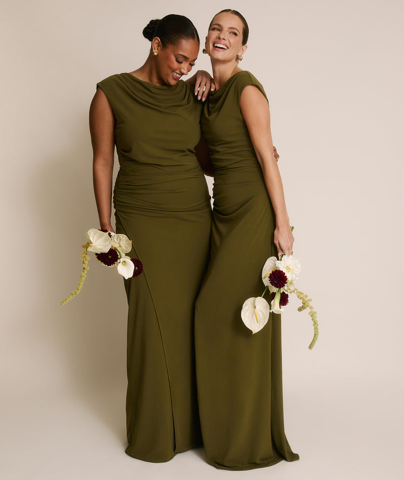 Cowl Wrap Neck Stretch Sculpt Bridesmaid Dress - Fern Green