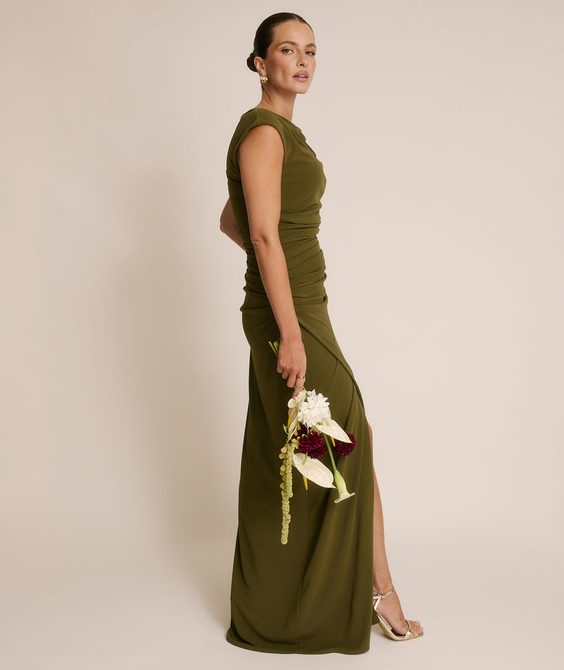 Cowl Wrap Neck Stretch Sculpt Bridesmaid Dress - Fern Green
