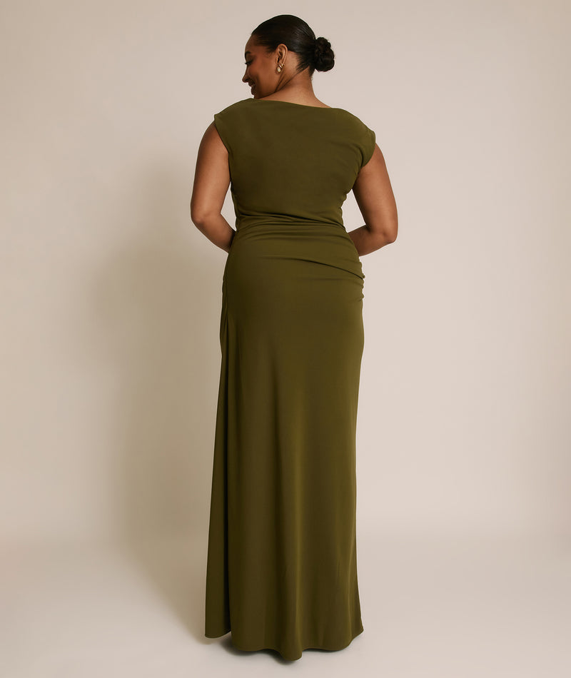 Cowl Wrap Neck Stretch Sculpt Bridesmaid Dress - Fern Green
