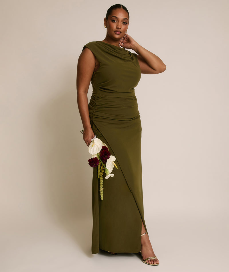 Cowl Wrap Neck Stretch Sculpt Bridesmaid Dress - Fern Green