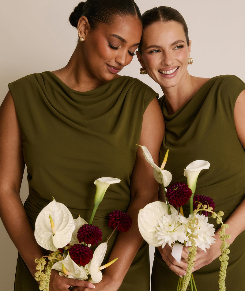 Cowl Wrap Neck Stretch Sculpt Bridesmaid Dress - Fern Green