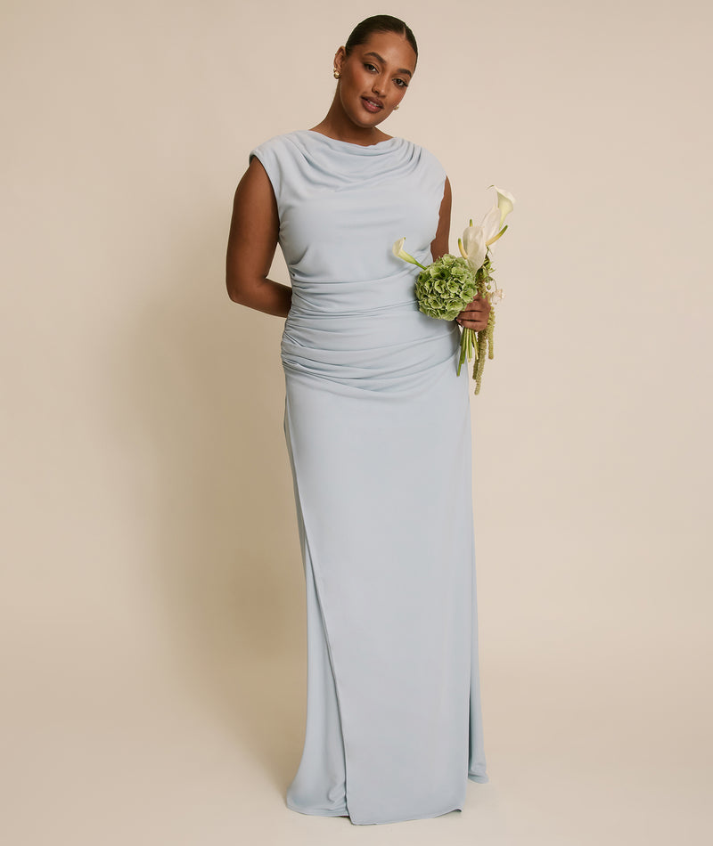 Cowl Wrap Neck Stretch Sculpt Bridesmaid Dress - Pale Blue