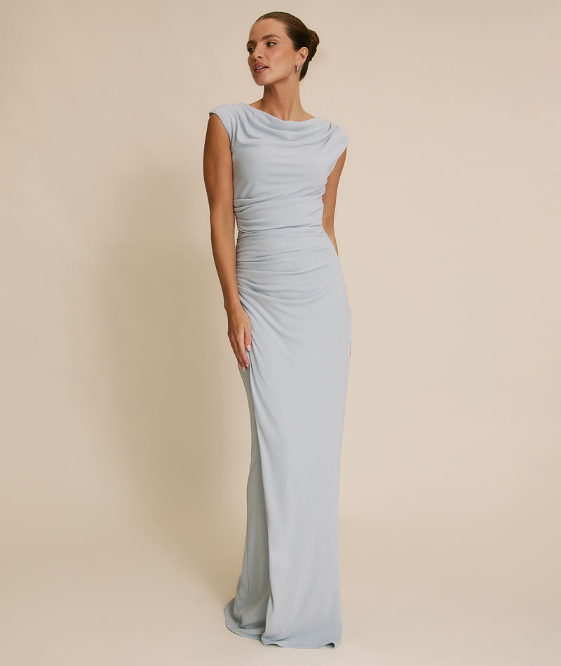 Cowl Wrap Neck Stretch Sculpt Bridesmaid Dress - Pale Blue