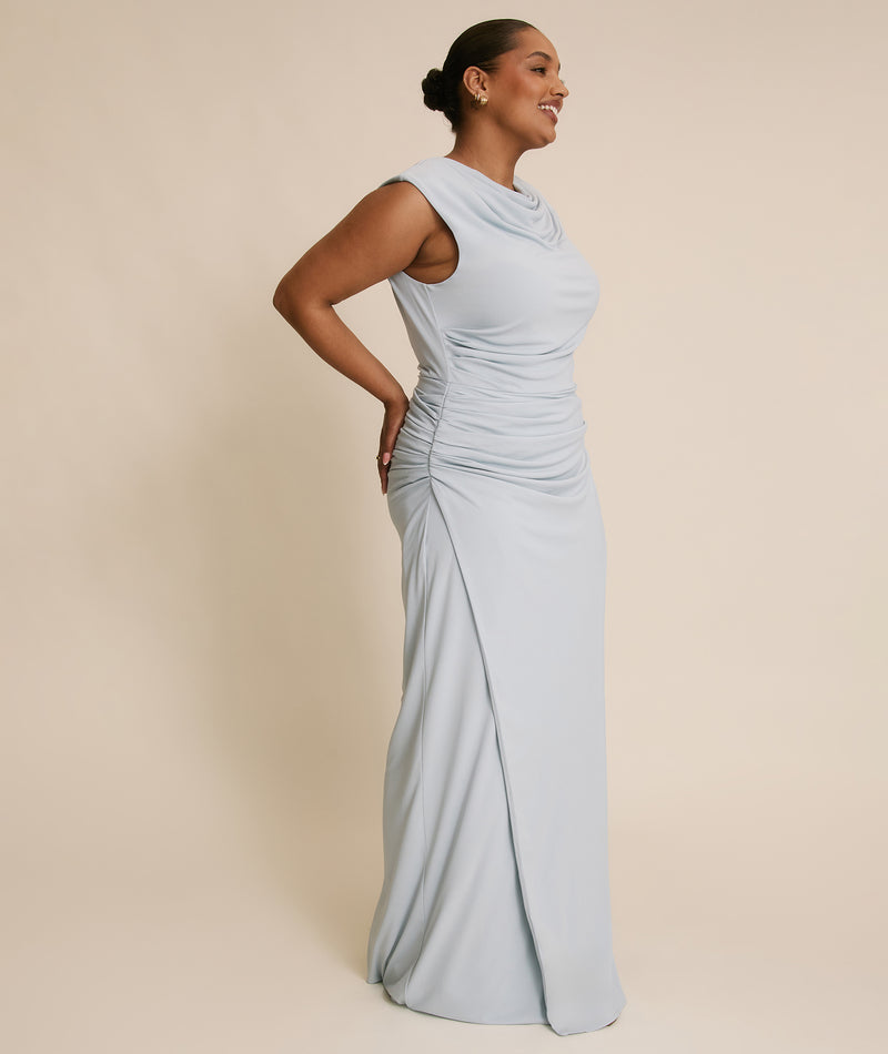 Cowl Wrap Neck Stretch Sculpt Bridesmaid Dress - Pale Blue