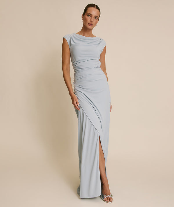Cowl Wrap Neck Stretch Sculpt Bridesmaid Dress - Pale Blue