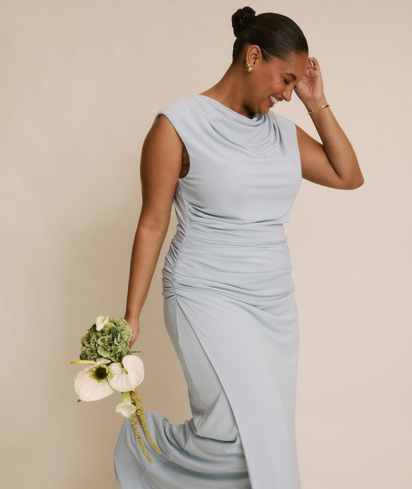 Cowl Wrap Neck Stretch Sculpt Bridesmaid Dress - Pale Blue