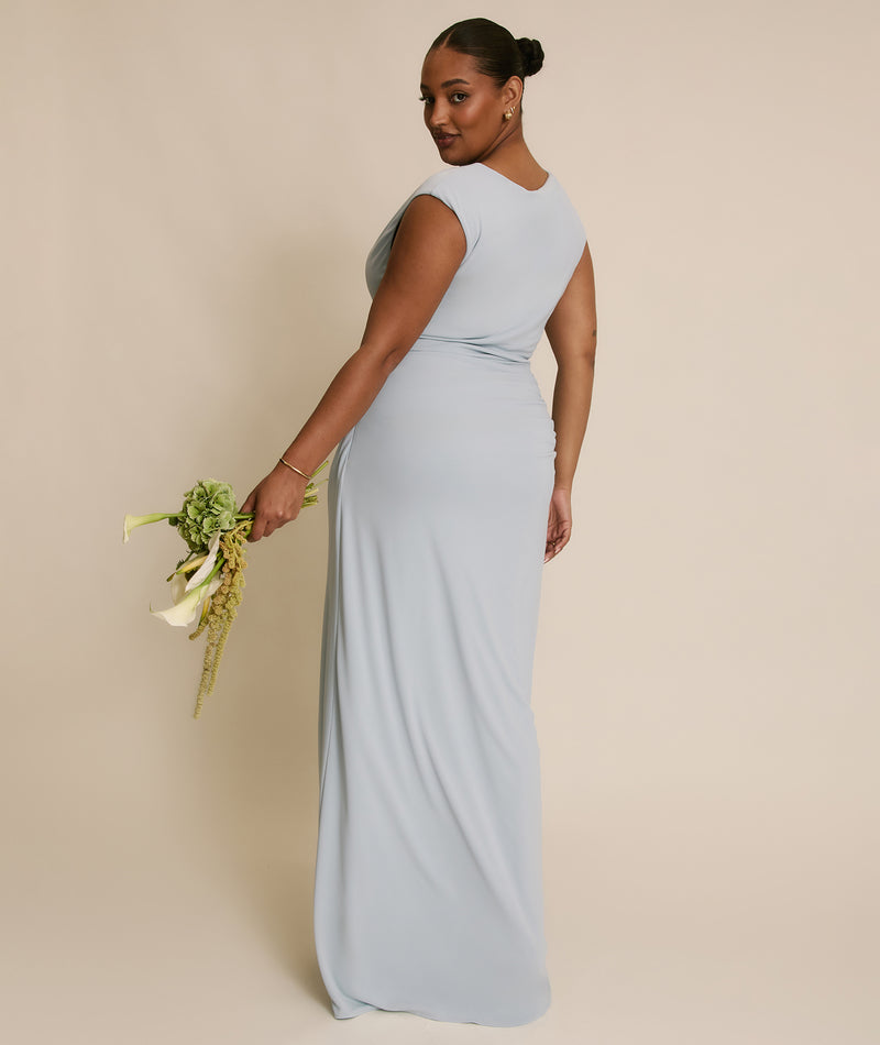 Cowl Wrap Neck Stretch Sculpt Bridesmaid Dress - Pale Blue