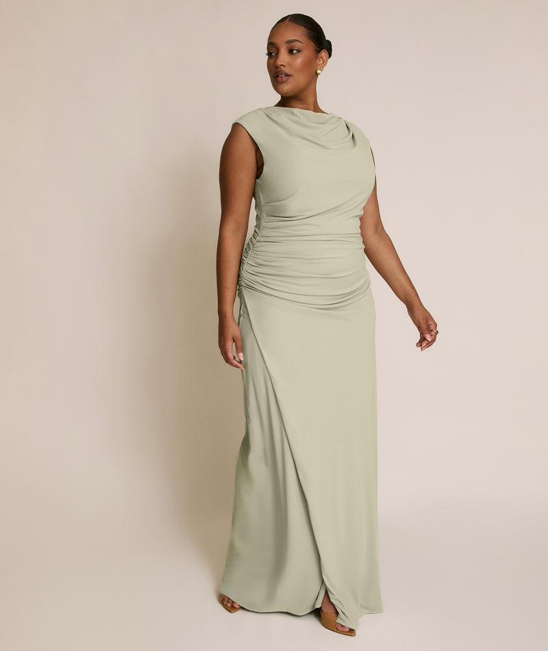 Cowl Wrap Neck Stretch Sculpt Bridesmaid Dress - Soft Sage
