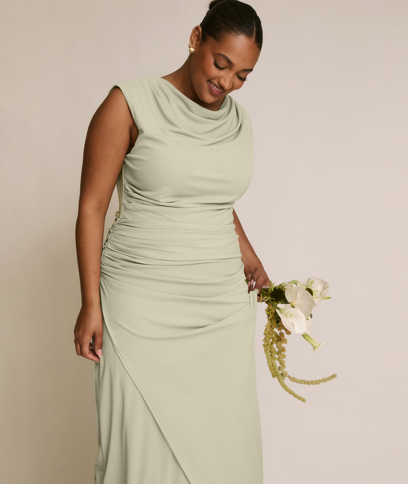 Cowl Wrap Neck Stretch Sculpt Bridesmaid Dress