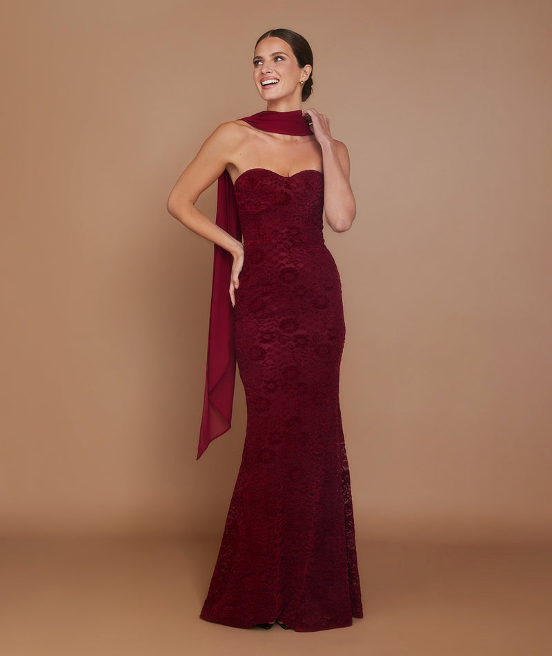 Velvet Lace Corset Maxi Dress with Neck Scarf - Wine Velvet Lace Corset Maxi Dress with Neck Scarf - Wine