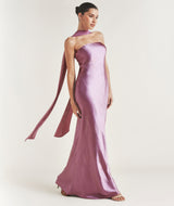 Bandeau Satin Bridesmaid Dress with Chiffon Neck Scarf - Orchid