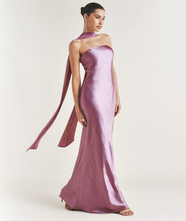 Bandeau Satin Bridesmaid Dress with Chiffon Neck Scarf - Orchid