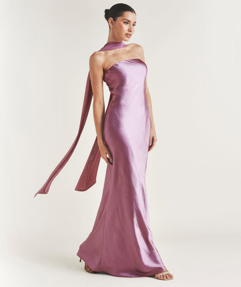 Bandeau Satin Bridesmaid Dress with Chiffon Neck Scarf - Orchid