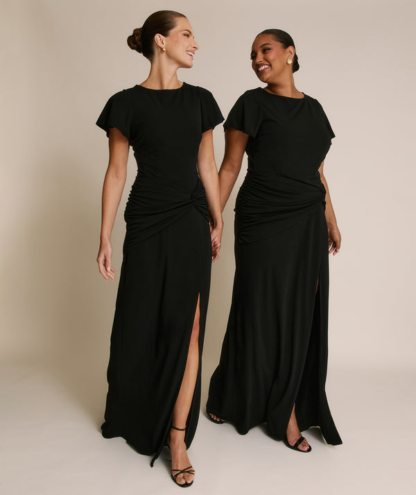 Flutter Sleeve Stretch Sculpt Bridesmaid Dress - Black