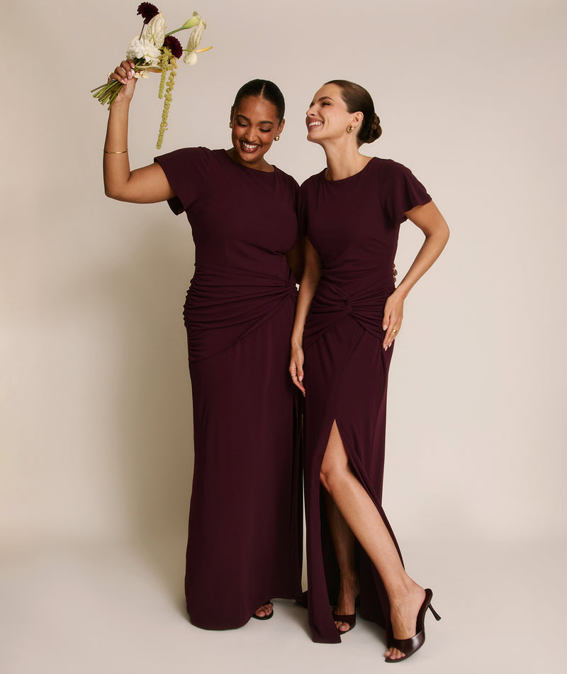Flutter Sleeve Stretch Sculpt Bridesmaid Dress - Merlot