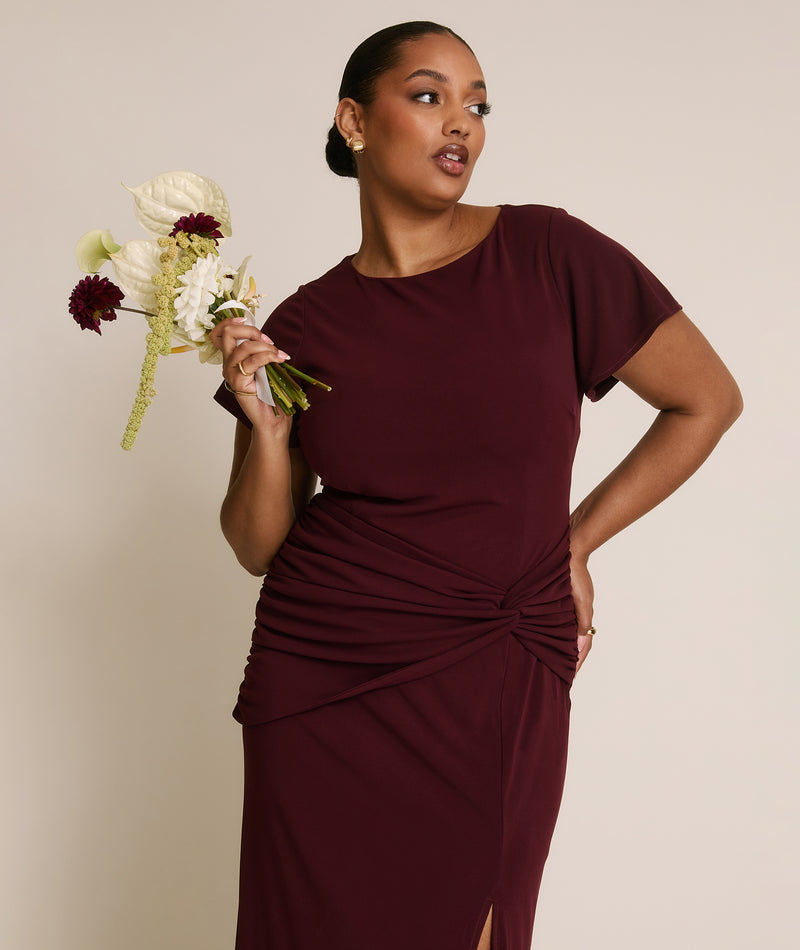 Flutter Sleeve Stretch Sculpt Bridesmaid Dress - Merlot