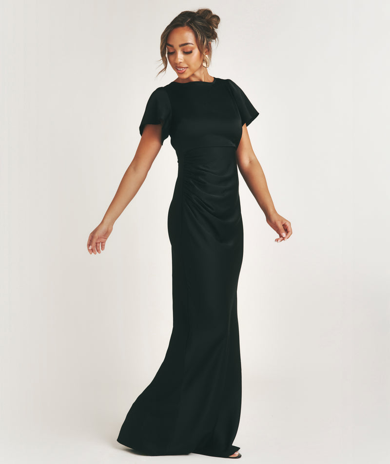 Flutter Sleeve Tie Back Satin Bridesmaid Dress - Black