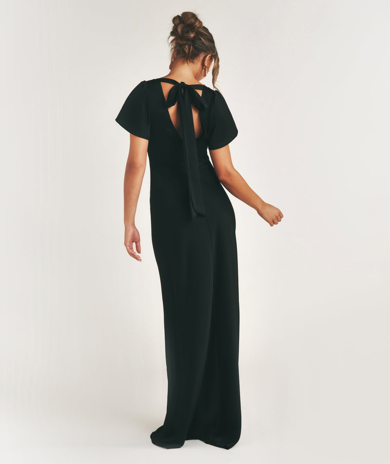 Flutter Sleeve Tie Back Satin Bridesmaid Dress - Black
