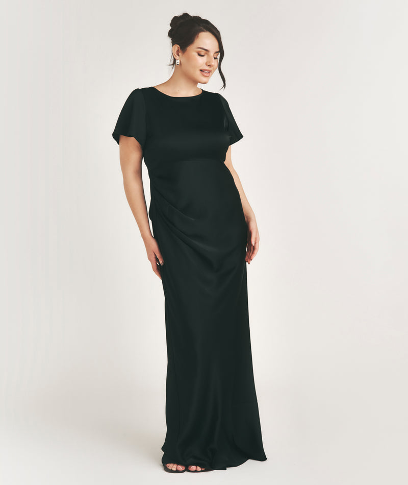 Flutter Sleeve Tie Back Satin Bridesmaid Dress - Black