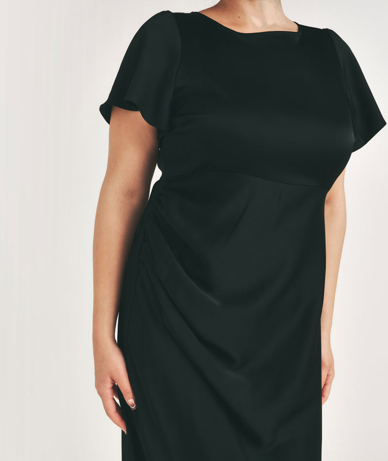 Flutter Sleeve Tie Back Satin Bridesmaid Dress - Black