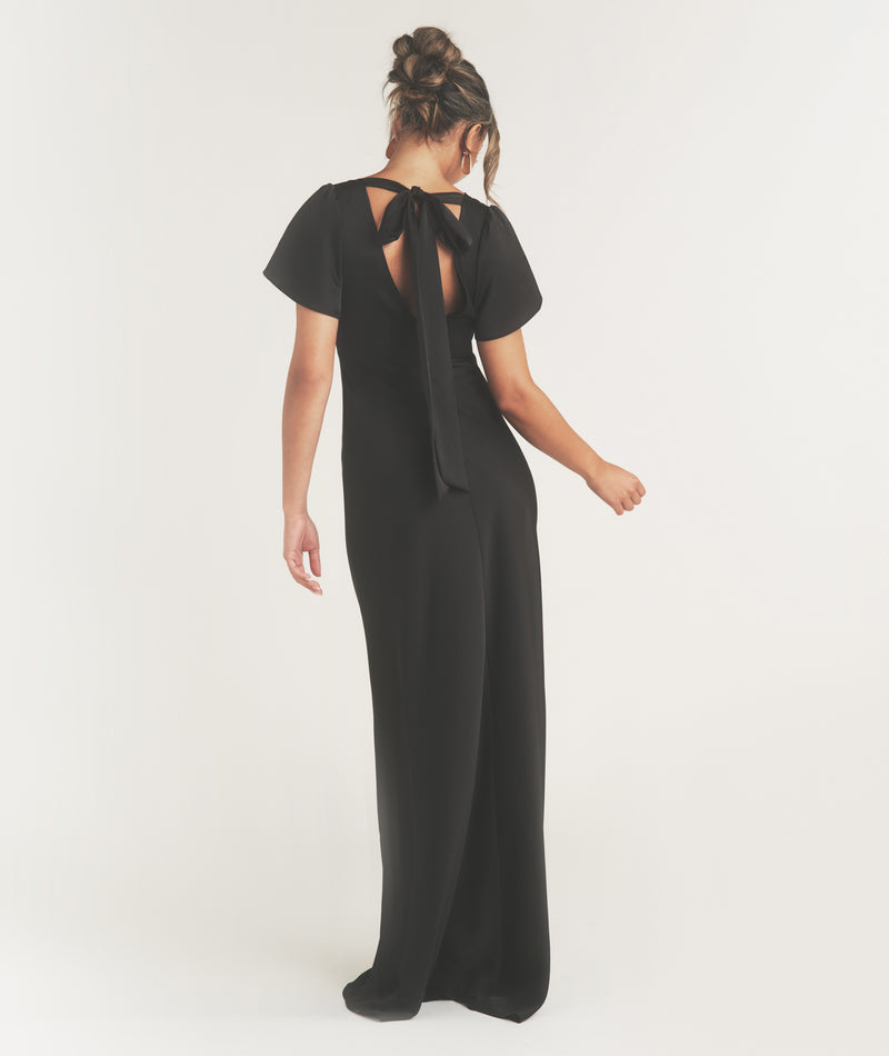 Flutter Sleeve Tie Back Satin Bridesmaid Dress - Black