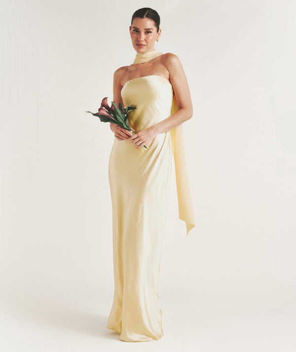 Bandeau Satin Bridesmaid Dress with Chiffon Neck Scarf - Butter Lemon