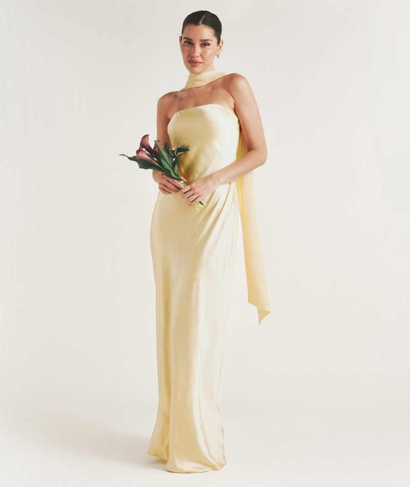 Bandeau Satin Bridesmaid Dress with Chiffon Neck Scarf - Butter Lemon