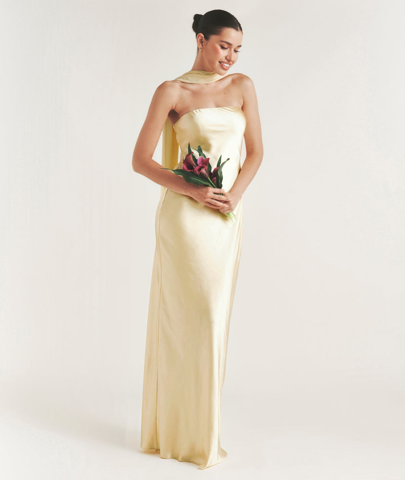 Bandeau Satin Bridesmaid Dress with Chiffon Neck Scarf - Butter Lemon