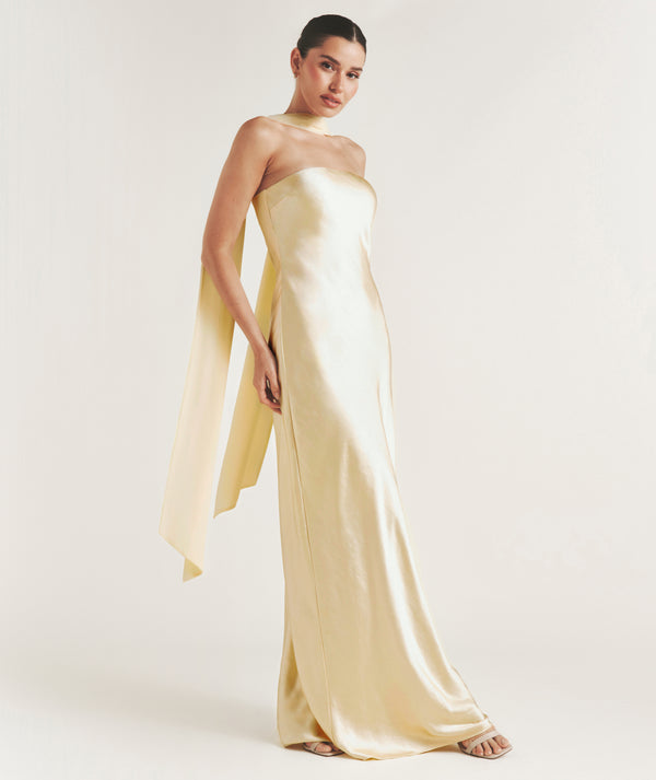 Bandeau Satin Bridesmaid Dress with Chiffon Neck Scarf - Butter Lemon