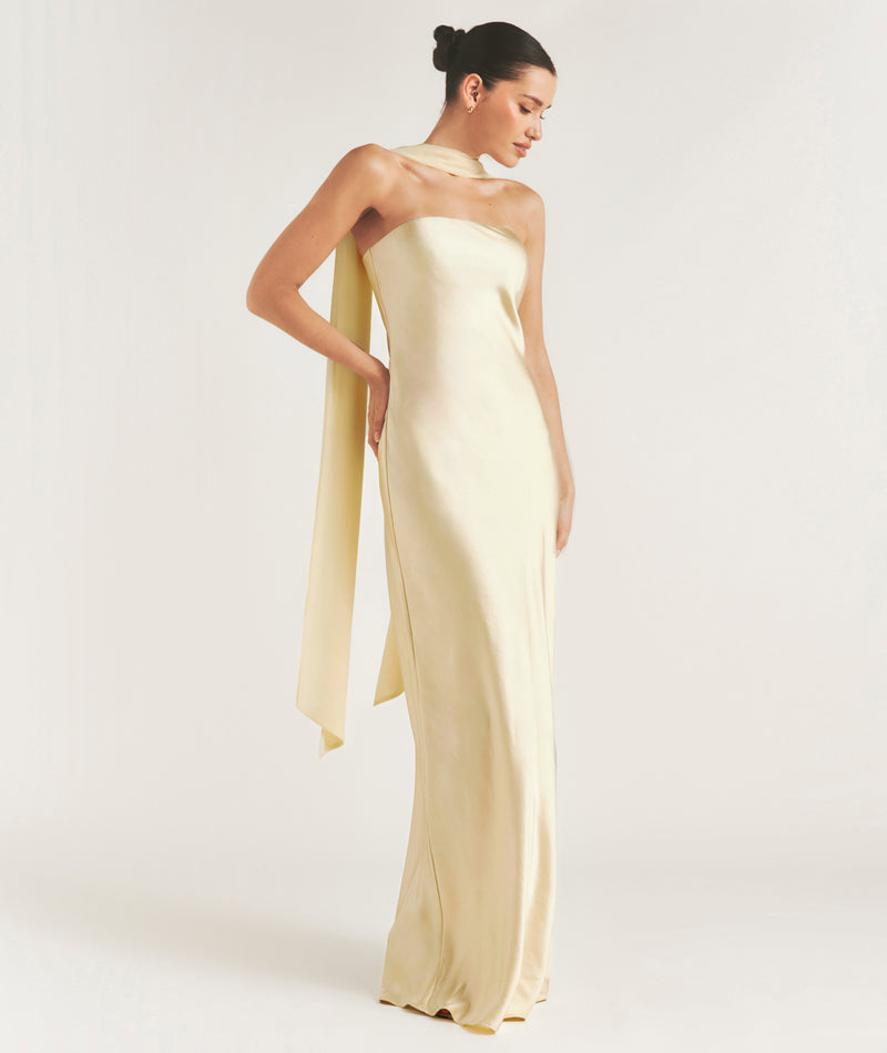Bandeau Satin Bridesmaid Dress with Chiffon Neck Scarf - Butter Lemon