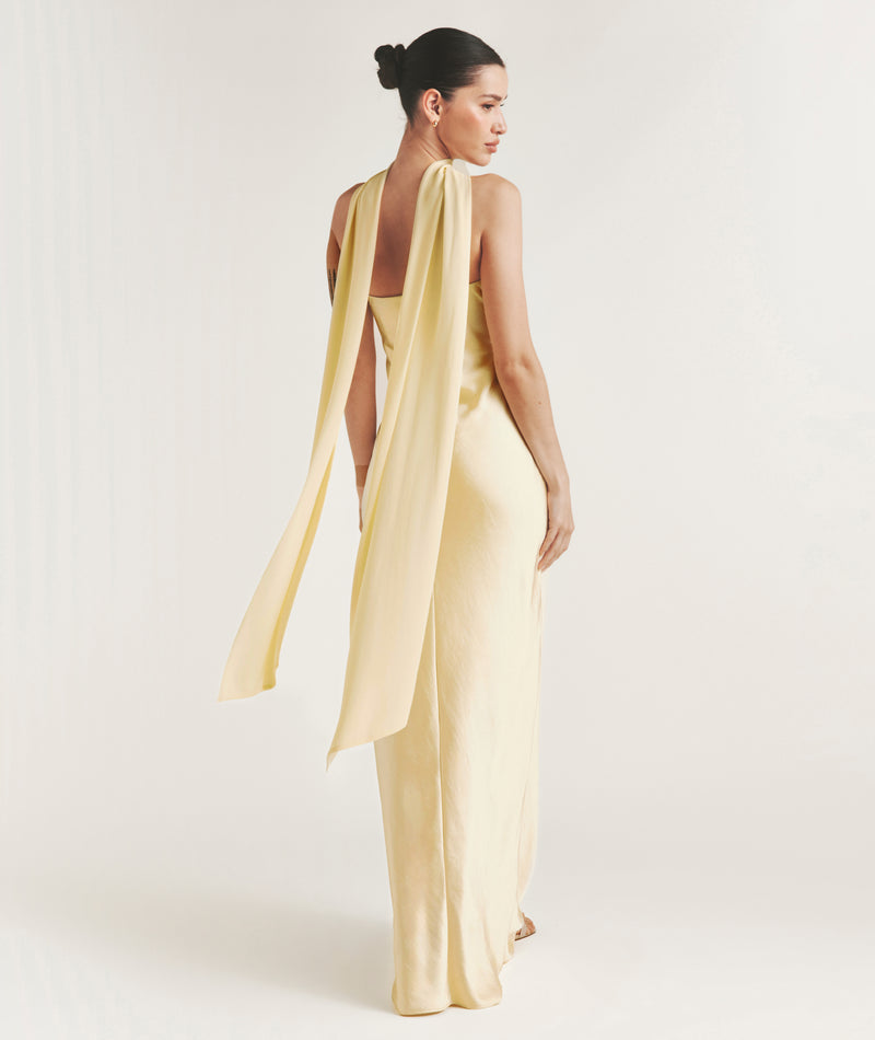 Bandeau Satin Bridesmaid Dress with Chiffon Neck Scarf - Butter Lemon