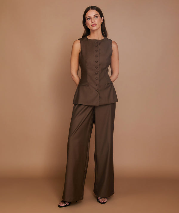 Wide Leg Tailored Trouser - Chocolate