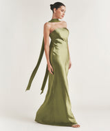 Bandeau Satin Bridesmaid Dress with Chiffon Neck Scarf - Moss Green