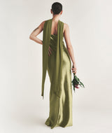 Bandeau Satin Bridesmaid Dress with Chiffon Neck Scarf - Moss Green