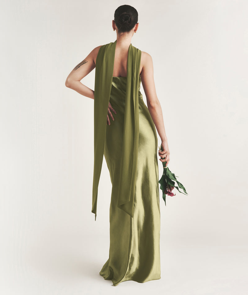 Bandeau Satin Bridesmaid Dress with Chiffon Neck Scarf - Moss Green