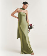 Bandeau Satin Bridesmaid Dress with Chiffon Neck Scarf - Moss Green