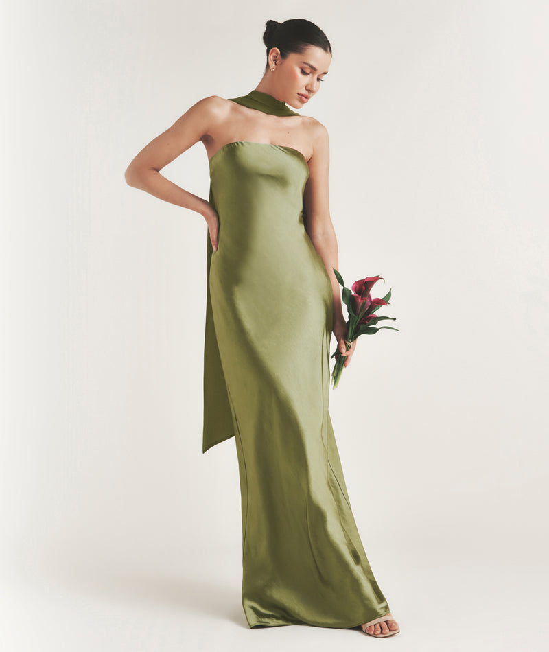 Bandeau Satin Bridesmaid Dress with Chiffon Neck Scarf - Moss Green