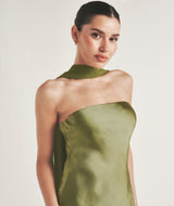 Bandeau Satin Bridesmaid Dress with Chiffon Neck Scarf - Moss Green