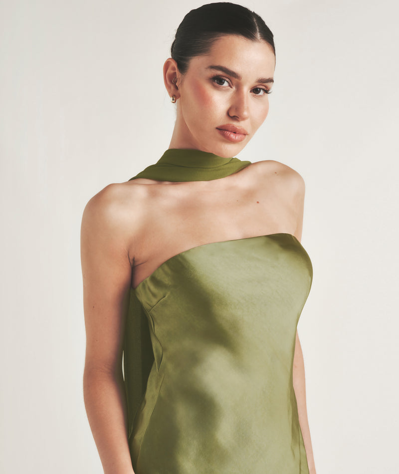 Bandeau Satin Bridesmaid Dress with Chiffon Neck Scarf - Moss Green