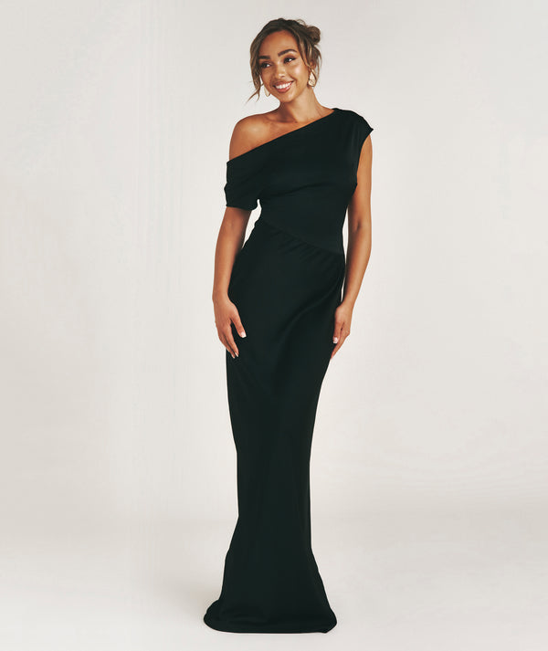 Asymmetric Neck Satin Bridesmaid Dress - Black