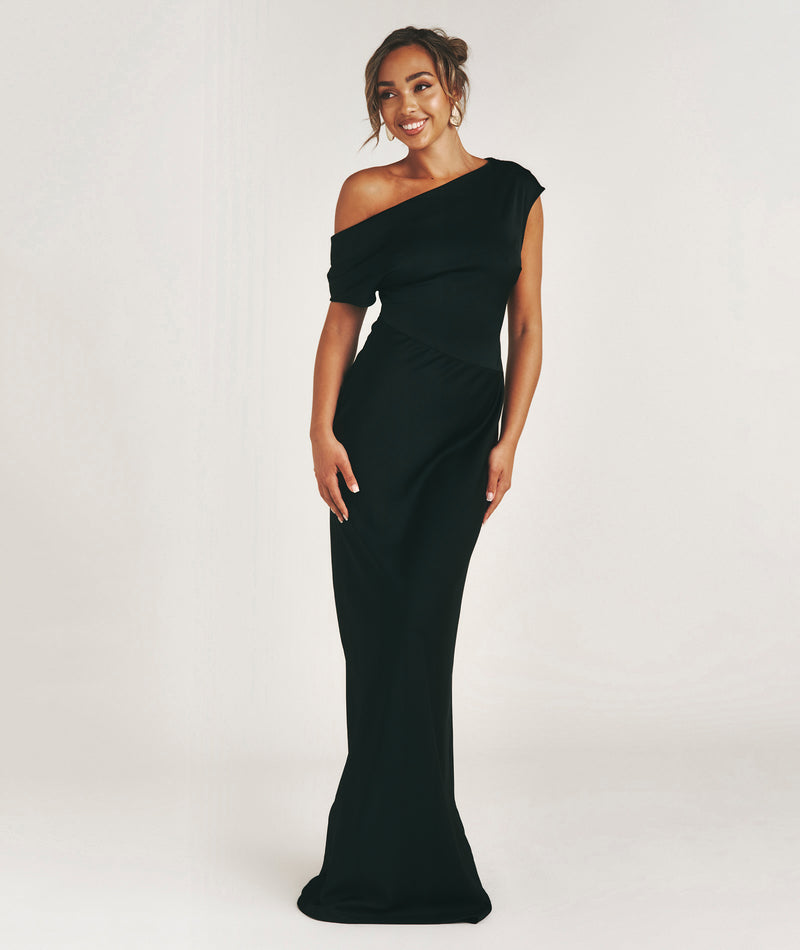 Asymmetric Neck Satin Bridesmaid Dress - Black