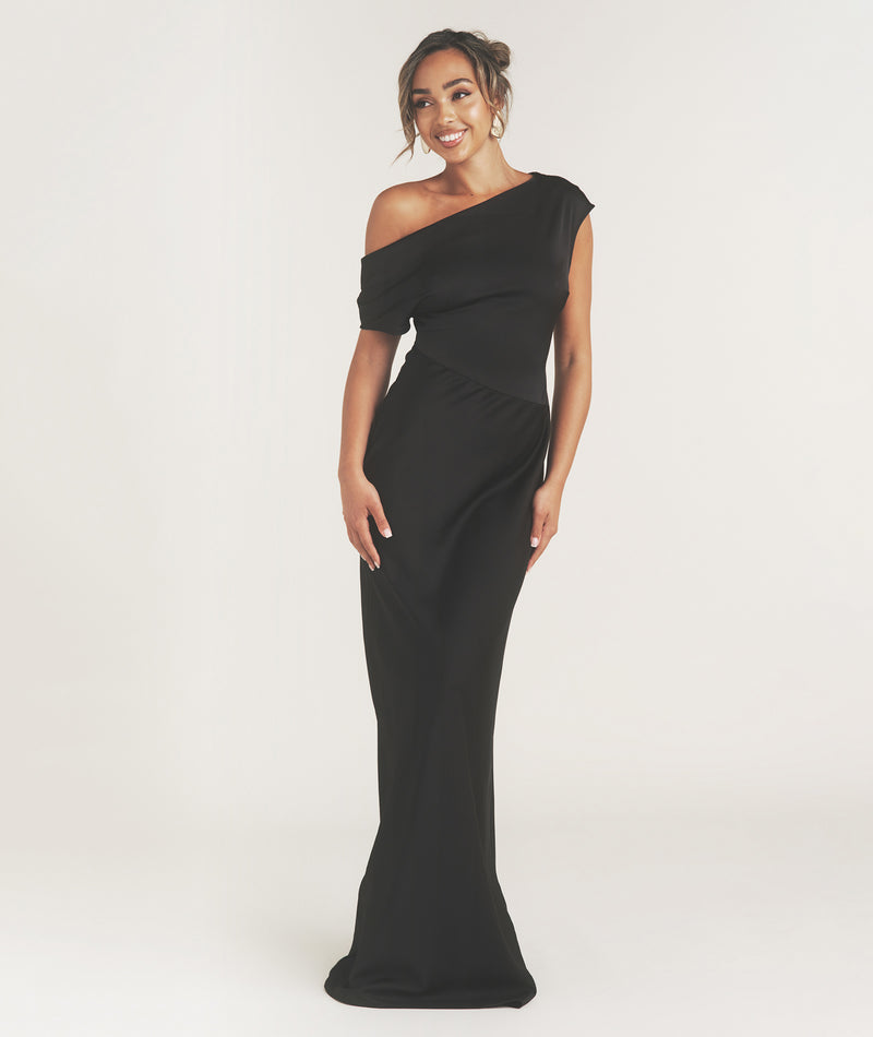 Asymmetric Satin Bridesmaid Dress - Black