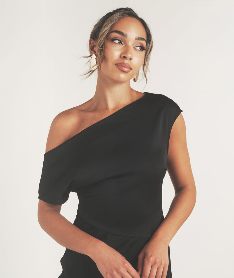Asymmetric Satin Bridesmaid Dress - Black