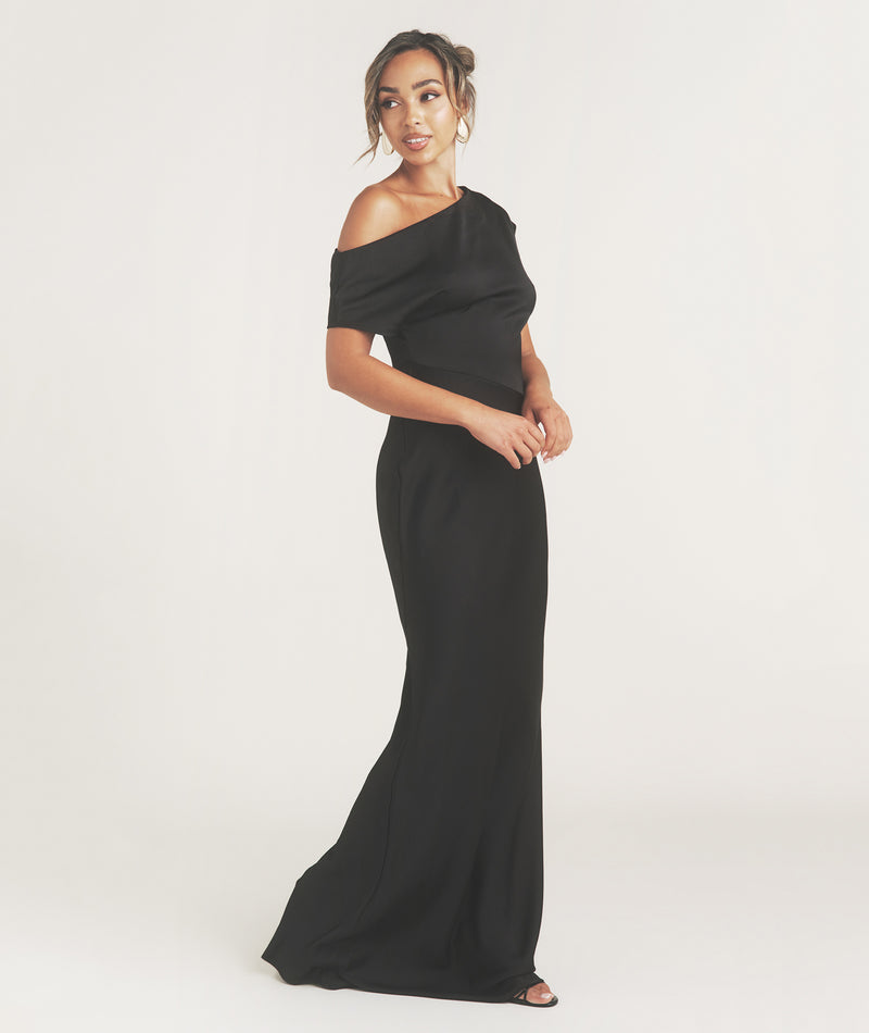Asymmetric Satin Bridesmaid Dress - Black