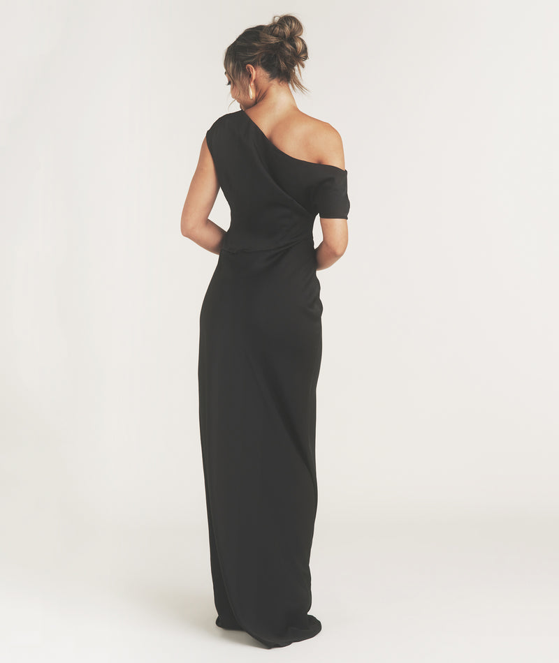 Asymmetric Satin Bridesmaid Dress - Black