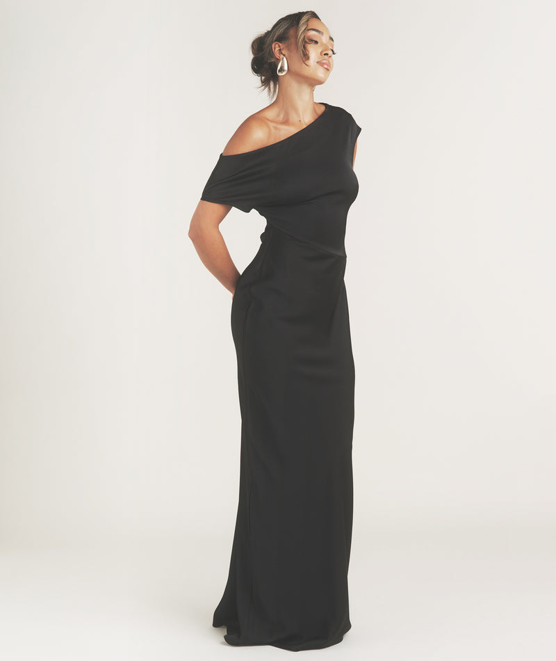 Asymmetric Satin Bridesmaid Dress - Black