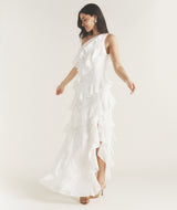 One Shoulder Floral Ruffle Maxi Dress - White